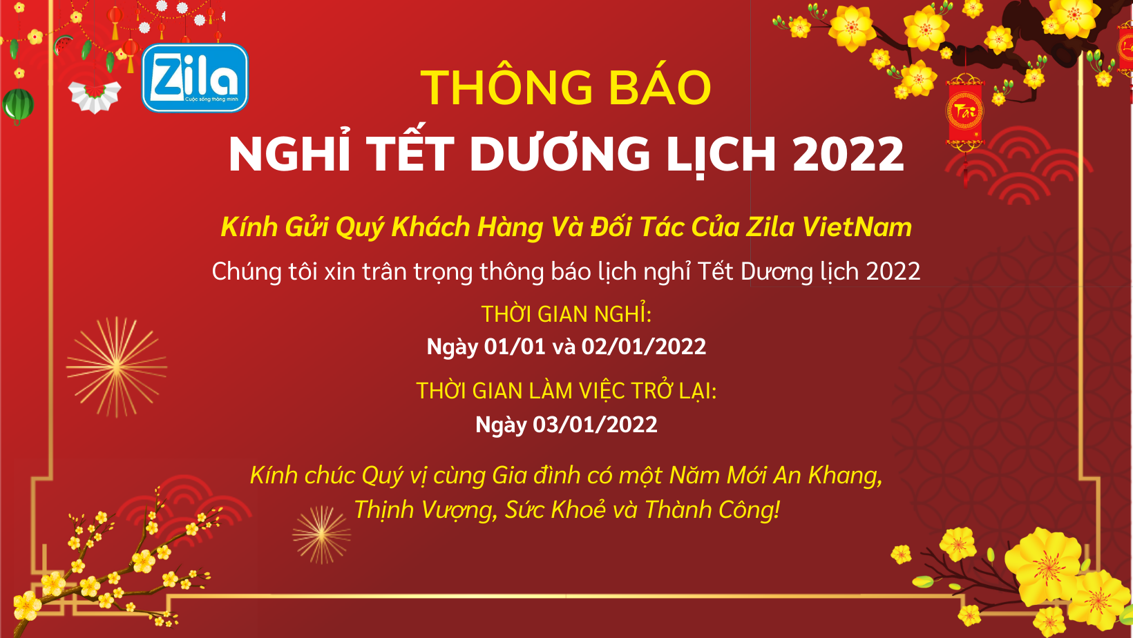 ZilaTech thông báo lịch nghỉ tết dương lịch 2022