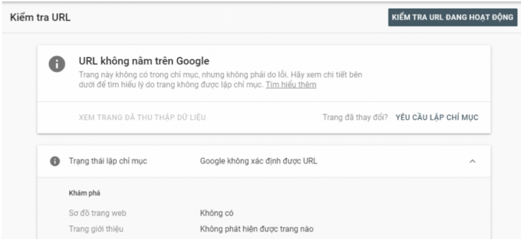Kết quả kiểm tra trên Google Search Console nếu URL chưa được Google index